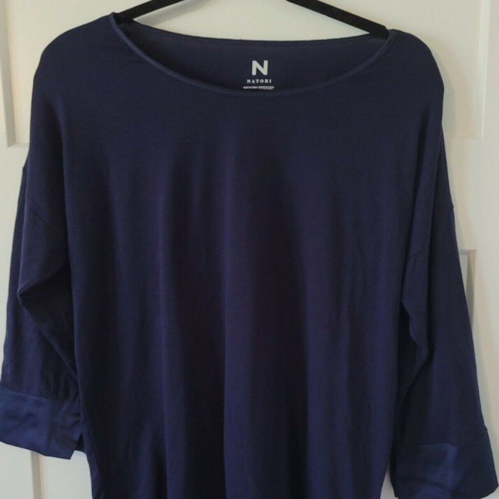 Natori Navy Scoop Neck Long Sleeve Top Satin Neck and Sleeve Accent Sz S